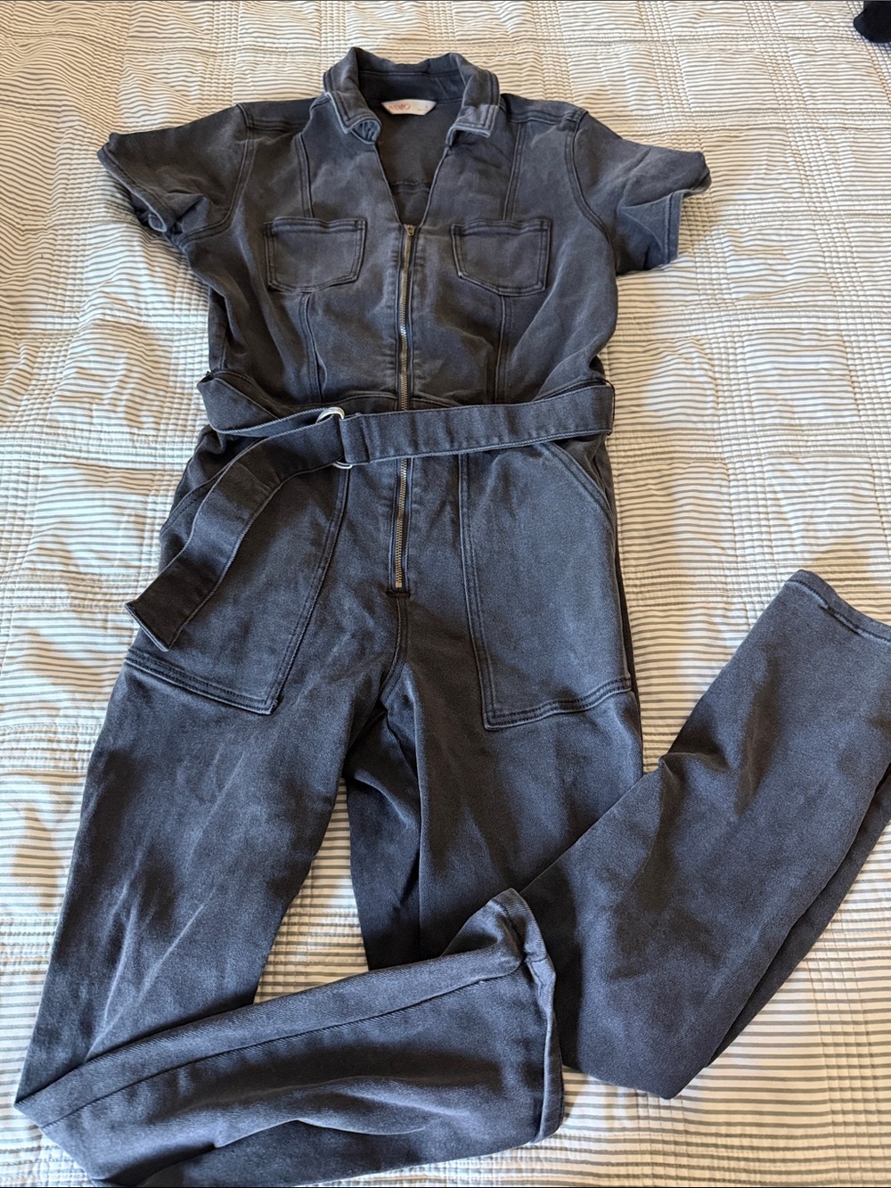 Washed Black Short-Sleeve Utility Jumpsuit with Belt